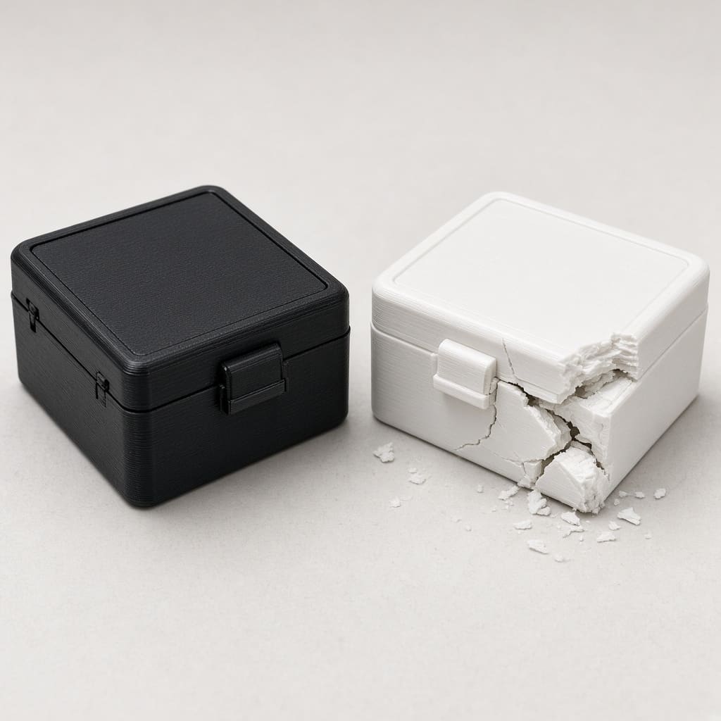 PLA+ vs PLA drop test OEM wholesale — cracked PLA box beside an intact PLA+ housing