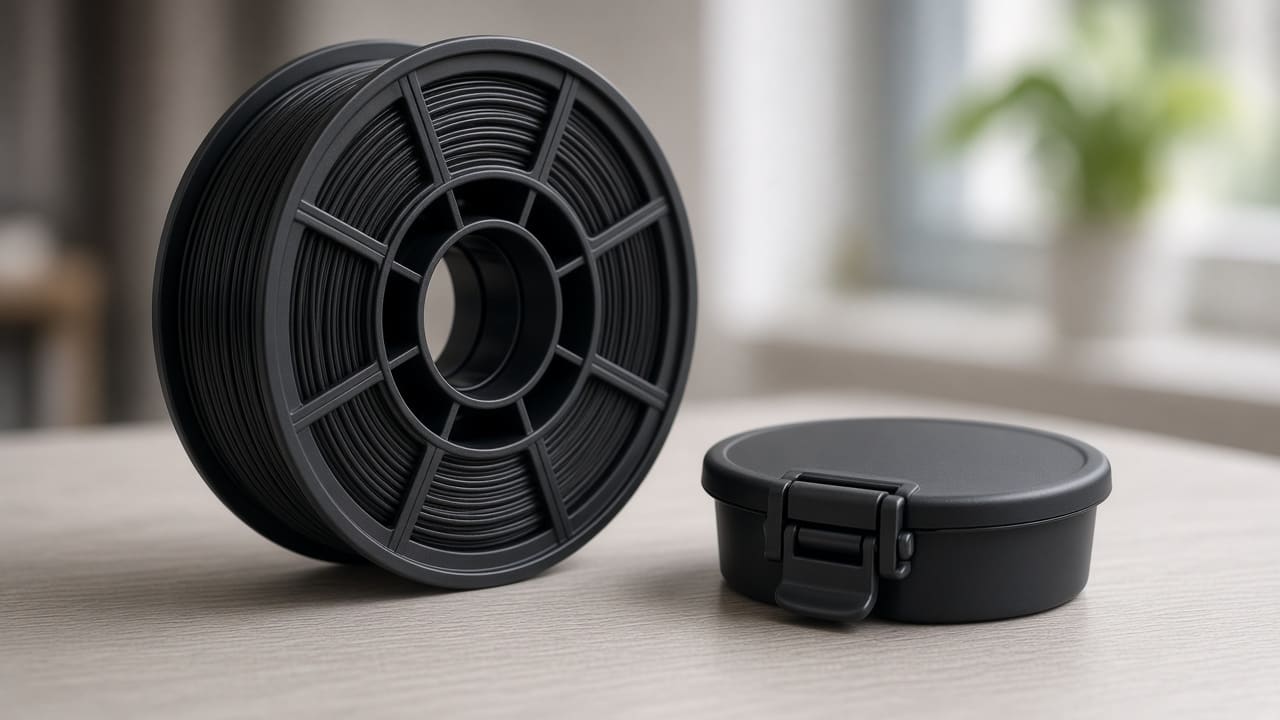 PLA-ST filament OEM wholesale snap latches — unlabeled tough PLA spool beside a consumer snap latch and clip, Foshan OEM