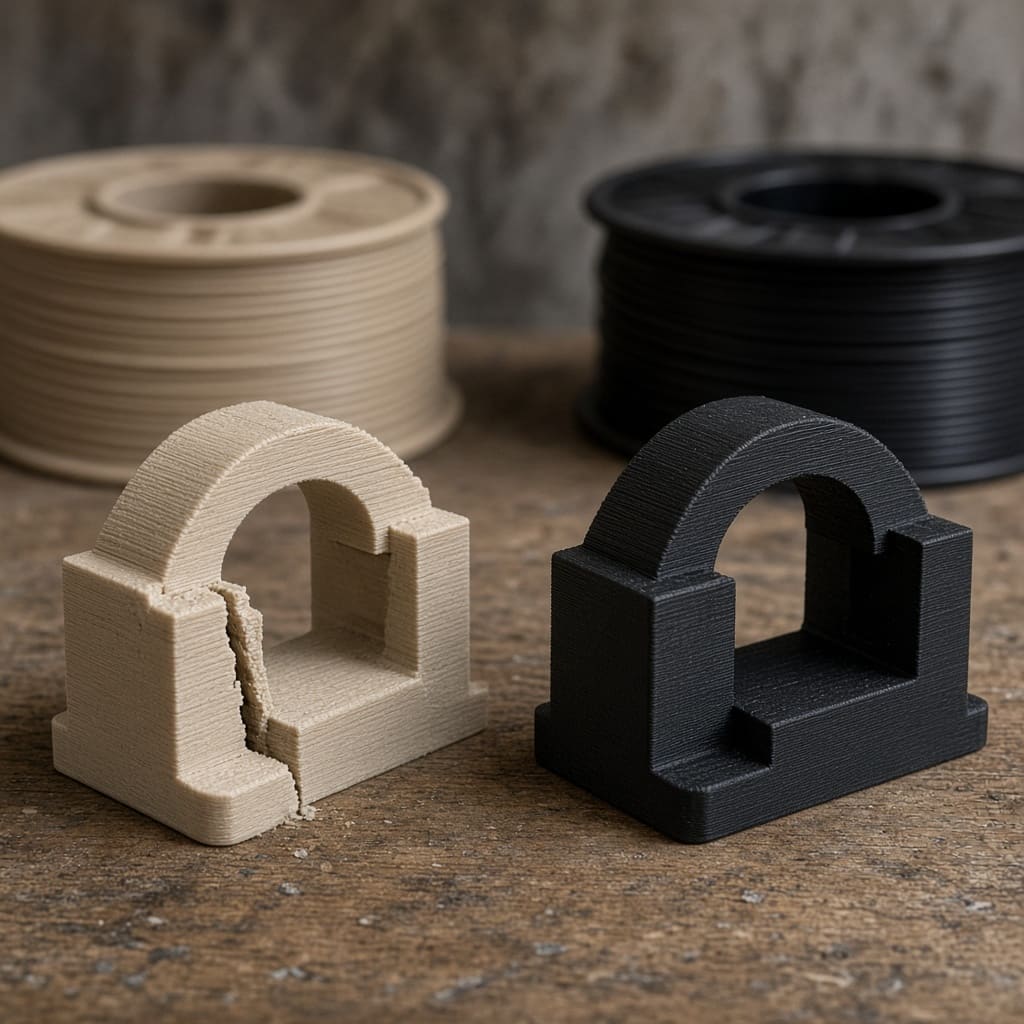 PLA vs PETG jig OEM wholesale — cracked beige PLA jig beside an intact black PETG drill jig