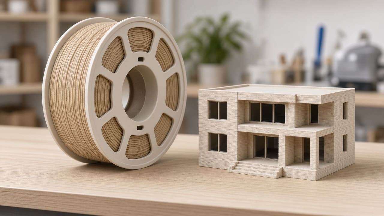 PLA wood filament OEM wholesale education models — unlabeled wood-PLA spool with an FDM school architecture model on a Foshan OEM bench