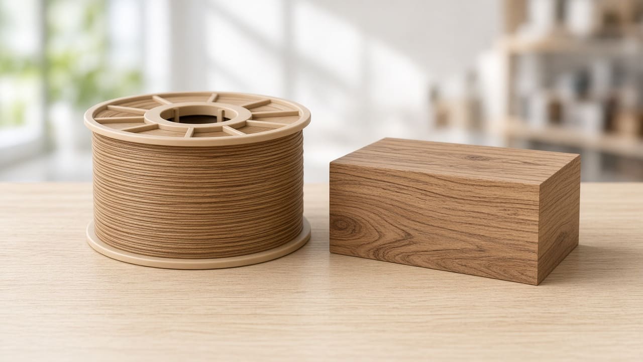PLA wood filament OEM wholesale retail props — unlabeled wood-PLA spool beside a retail counter display prop, Foshan OEM