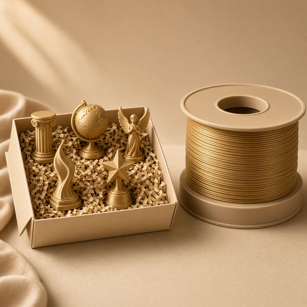 silk PLA display gift box OEM wholesale — gold silk-sheen trophies and unlabeled 1.75 mm spool