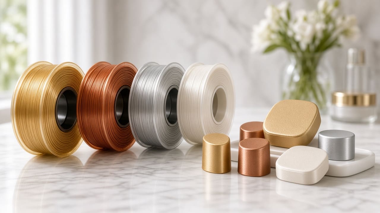 silk PLA filament OEM wholesale cosmetic mockup — unlabeled gold, copper and cream silk PLA spools beside lipstick-cap mockups, Foshan OEM
