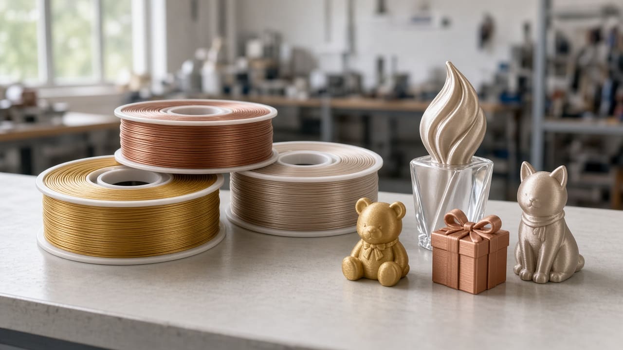 silk PLA filament OEM wholesale display gifts — unlabeled gold copper champagne silk PLA spools with small-batch trophies and gift figurines, Foshan OEM factory