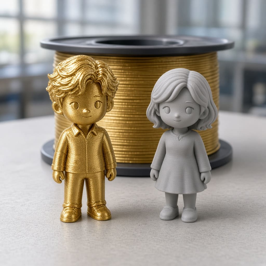 silk PLA vs matte PLA gift finish OEM wholesale — shiny silk figurine beside a flat matte gift
