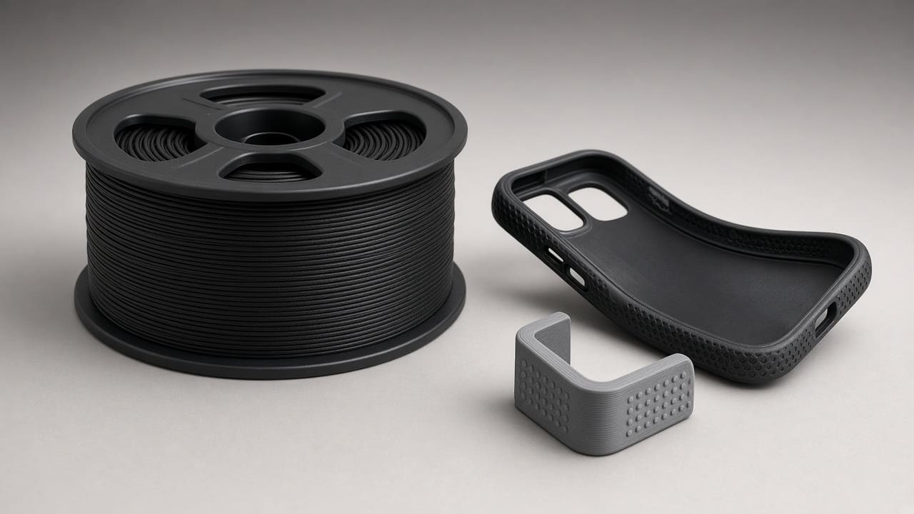 TPU 85A filament OEM wholesale phone cases — unlabeled black TPU 85A spool with a soft 3D-printed smartphone case, Foshan OEM wholesale