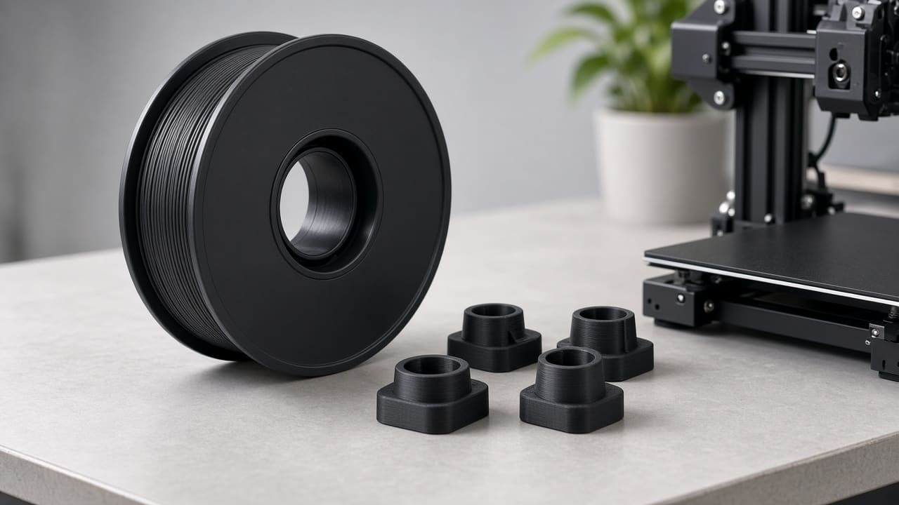 TPU 85A filament OEM wholesale printer feet — unlabeled black Shore 85A TPU spool with FDM anti-vibration printer feet on a Foshan OEM bench