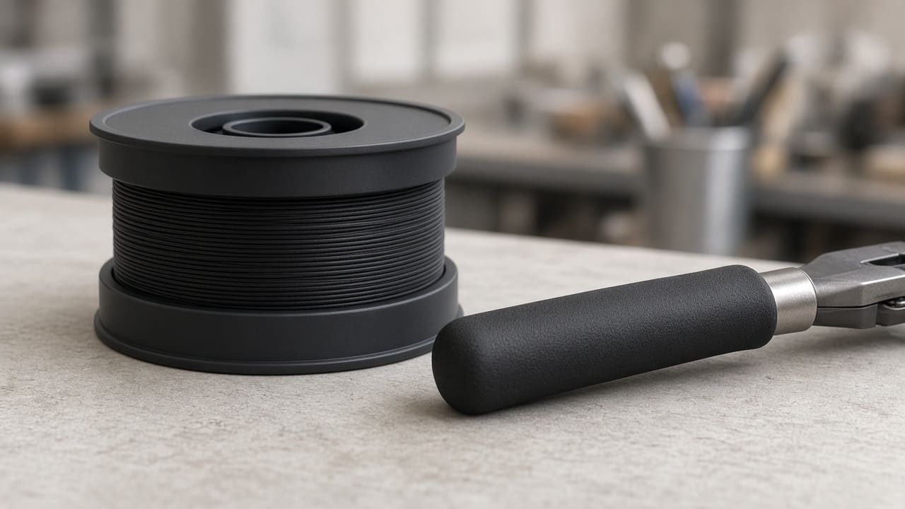 TPU 85A filament OEM wholesale tool grips — unlabeled black Shore 85A TPU spool beside a soft-touch hand-tool grip sleeve, Foshan OEM