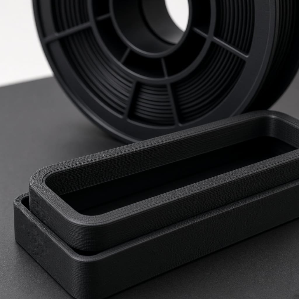 TPU 95A dry box lid gasket print OEM wholesale — unlabeled black Shore 95A TPU spool beside an FDM lid seal