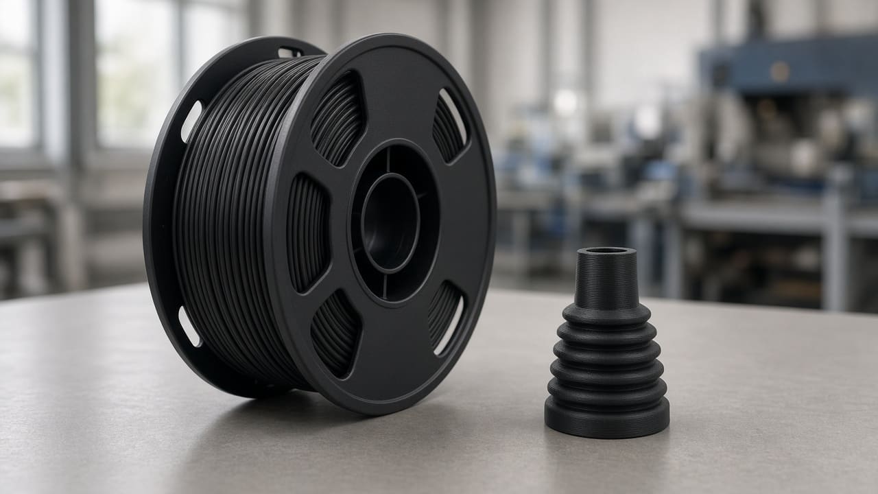 TPU 95A filament OEM wholesale cable grommets — unlabeled black Shore 95A TPU spool beside a printed cable strain-relief boot, Foshan OEM