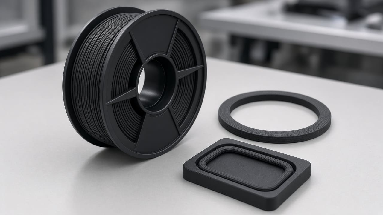 TPU 95A filament OEM wholesale lid gaskets — unlabeled black Shore 95A TPU spool with FDM dry-box lid seals on a Foshan OEM bench