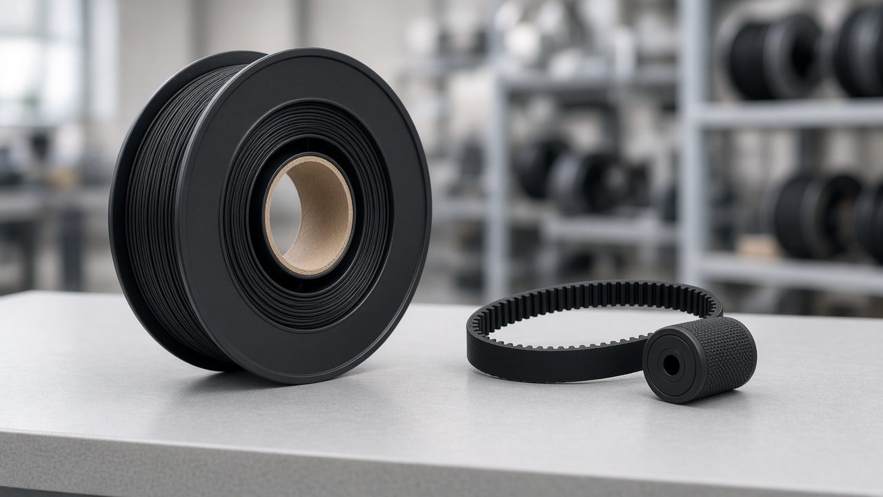 TPU 98A filament OEM wholesale print farm belts — unlabeled black TPU spool beside a matte closed-loop drive belt, Foshan OEM