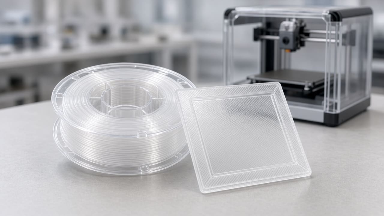transparent PETG filament OEM wholesale enclosure windows — unlabeled clear PETG spool with an FDM print-farm enclosure window on a Foshan OEM bench