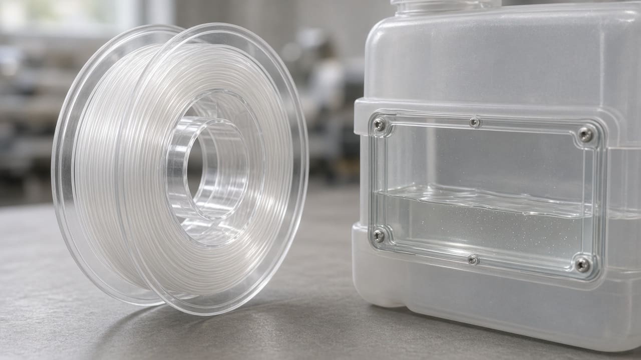 Transparent PETG filament OEM wholesale sight glasses — unlabeled clear PETG spool beside a coolant tank sight window, Foshan OEM