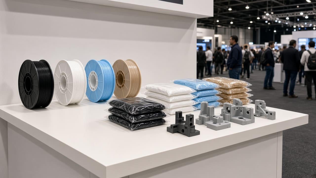 Qianshuo 3D printer filament OEM wholesale at CTIN Mexico 2026 stand 0121 — unlabeled spools at Centro Banamex trade booth